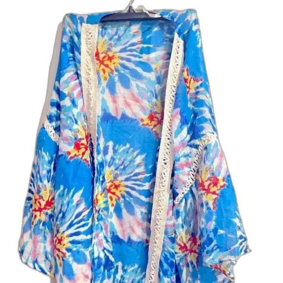 Steve Madden Crochet-Trim Tie-Dyed Kimono 31×32 Multicolor, cover up, swim shirt - Picture 3 of 5